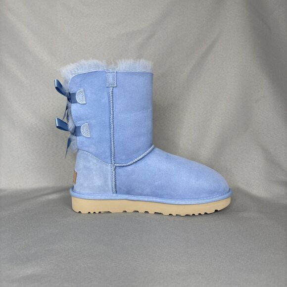 Womens Ugg Boots Bailey Bow Whisper Blue Suede Sheepskin Coquette Very RARE Sz 6 - Picture 10 of 16